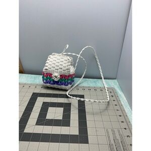 Handwoven Mini Backpack Purse Woven Multicolored Stripe‎ Accent Flower Detail